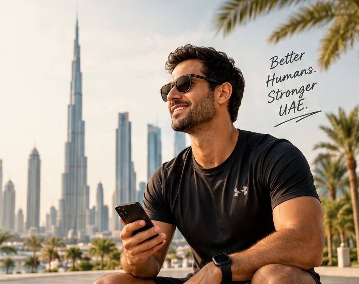 Man checking his phone with the Dubai skyline behind him